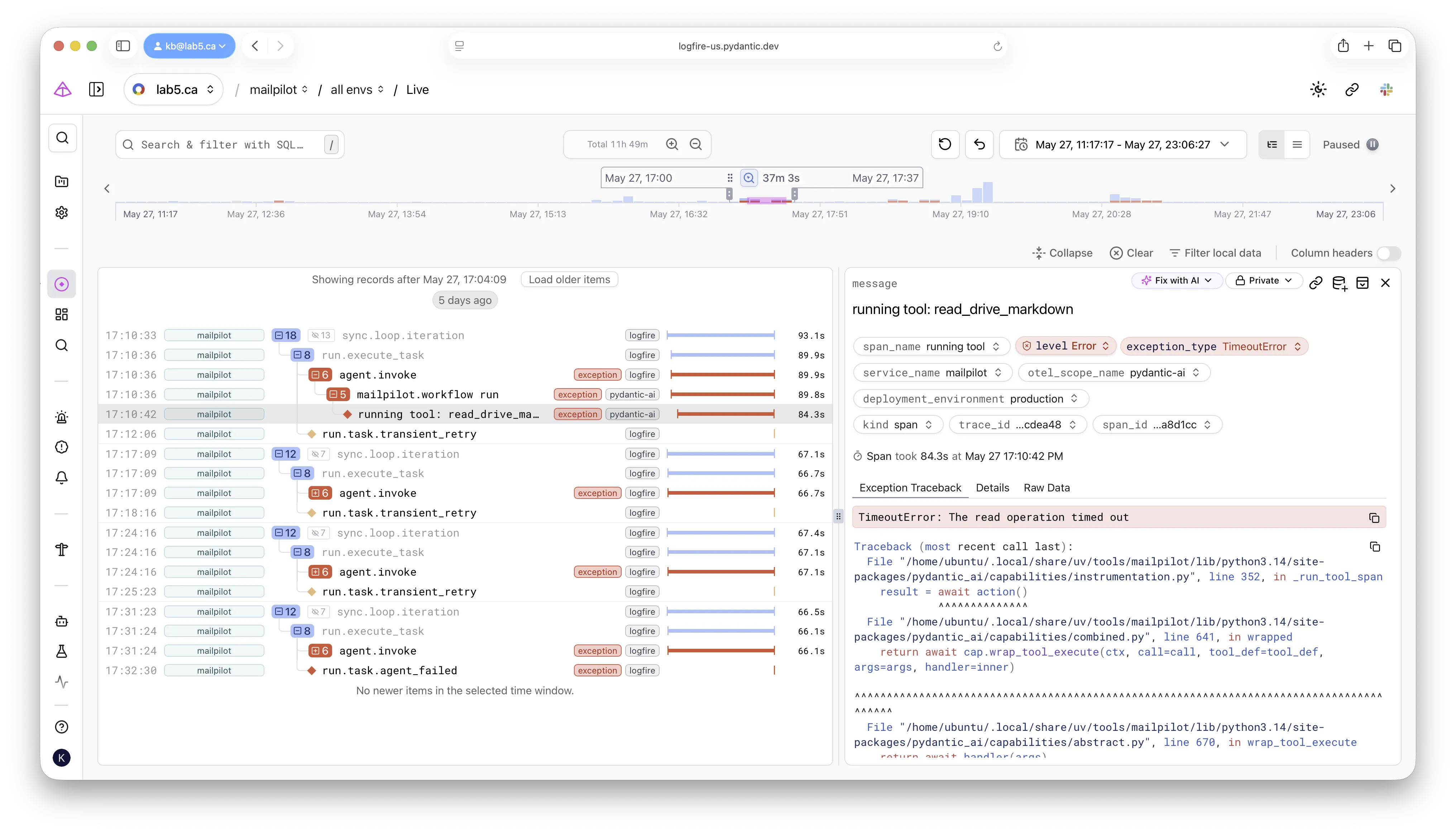Logfire trace view with the hung running tool: read_drive_markdown span selected at the deepest level of the agent's tool-call path; the side panel shows the same TimeoutError exception, anchored to that leaf.