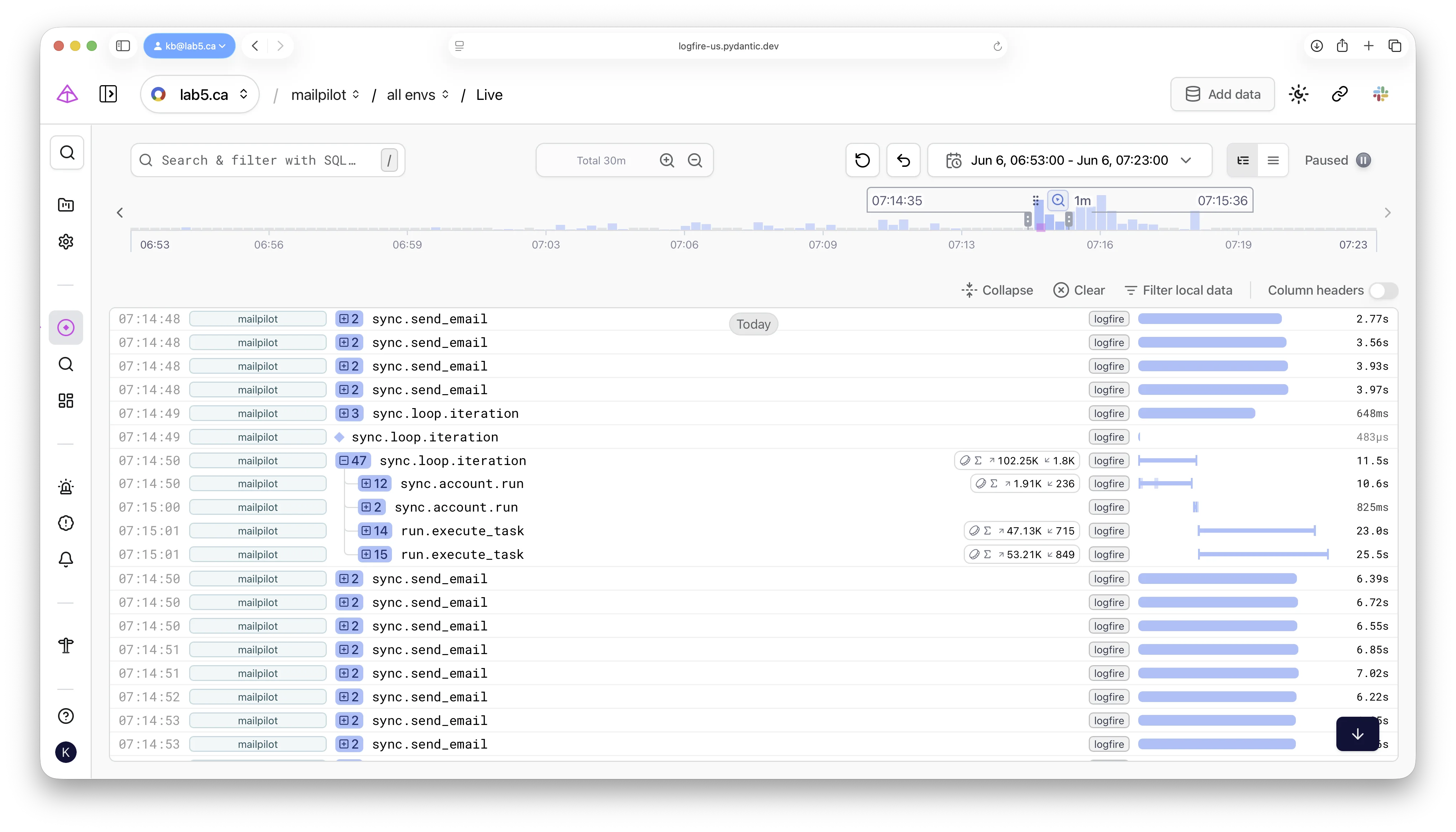 Logfire trace timeline view in the lab5.ca/mailpilot project showing a list of MailPilot email-handling spans with timestamps and per-span durations